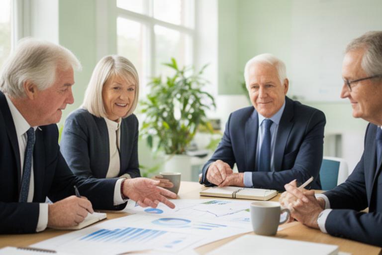 Senior consultants reviewing a growth plan around a meeting table in a bright Surrey office