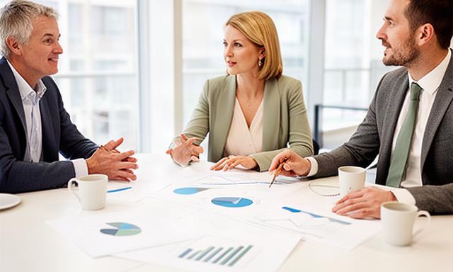 Consultant reviewing a business growth plan with two SME directors around a bright meeting table