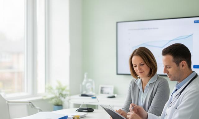 Practice manager reviewing clinic performance beside a doctor in a bright Surrey healthcare setting