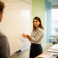 Boavida Amphlett discussing operational processes beside a whiteboard