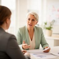 Delissa Sedgeworth speaking with a business owner in a light office setting